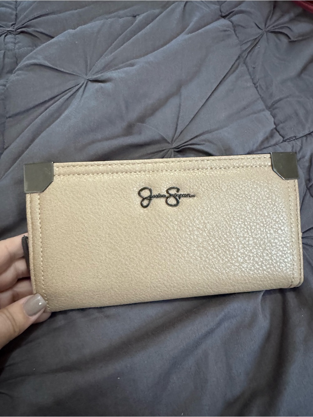 Jessica Simpson Nude Pebbled Leather Wallet with Metal Corners